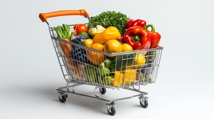 Cart full of groceries vegetables fruits isolated on a white background, World Consumer Rights Day.