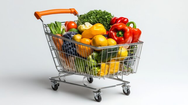 Cart full of groceries vegetables fruits isolated on a white background, World Consumer Rights Day.