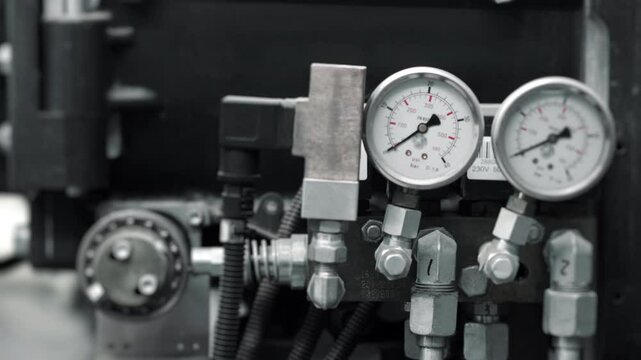 Close-up of a gas reducer at a gas distribution station. Distribution of natural gas through a gas pipeline. Two monometers.