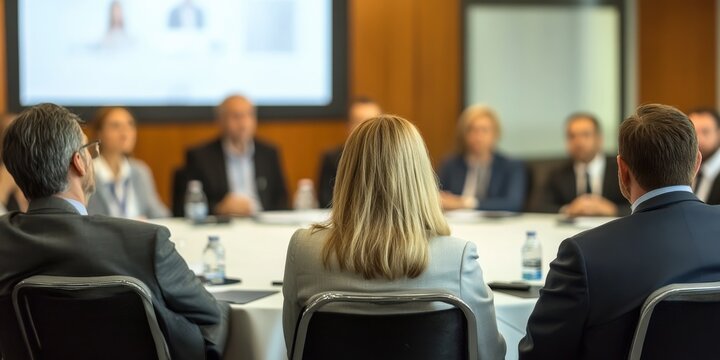 Interview and round table discussion at business convention and presentation. Audience at the conference hall. Business and entrepreneurship symposium