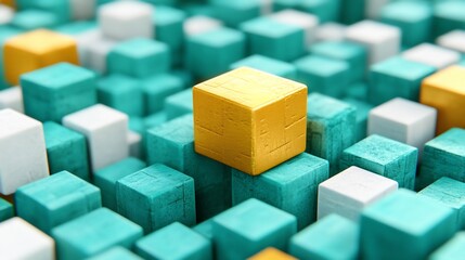 Obraz premium Golden Cube Stands Out Teal White Blocks Abstract Pattern. AI Generated