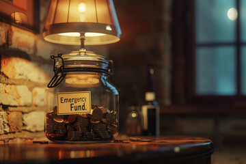 A glass jar labeled 'Emergency Fund' filled with coins, illuminated by a lamp in a cozy setting.