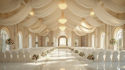 Grand marriage hall with elegant chandeliers and white drapery featuring rows of beautifully arranged chairs and a floral arch at the end of the aisle
