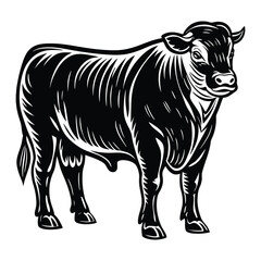 A bold silhouette of a strong black Angus beef bull standing proudly, its muscular frame outlined against a clear background, exuding power and resilience.