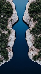 Aerial view of a narrow, winding river surrounded by lush greenery, reflecting a calm, dark blue sky