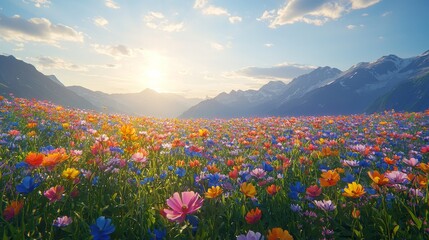 Fototapeta premium Vibrant wildflower bloom at sunrise mountain valley nature photography scenic landscape aesthetic serenity