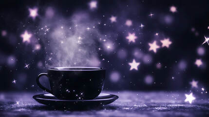 Cup of Hot Beverage with Steaming Vapor and Twinkling Stars in a Magical Night Time Ambiance