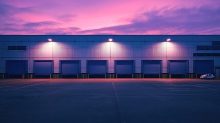 Obraz premium A warehouse facade illuminated under a colorful sky, showcasing loading bays and a parked car.