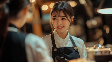 Female waitress attending to a VIP customer, ensuring high-level service in an upscale restaurant