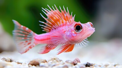 Pink fish swimming aquarium gravel background, pet hobby