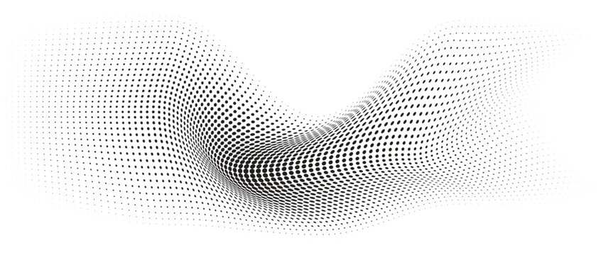 Flowing Wave Dot Halftone Pattern: Curve Gradient Shape on Transparent Background. Suitable for AI, Tech, Network, Digital, Science, and Technology Themes.