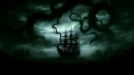 Fototapeta premium Dark Sea Vessel Surrounded by Kraken Tentacles Under Ominous Sky Illustration of Nautical Horror