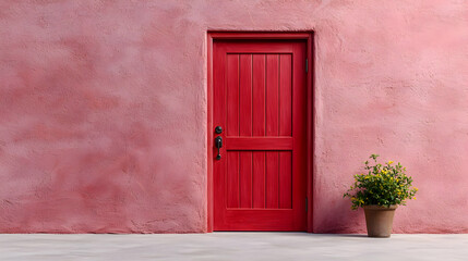 Red door, pink stucco wall, potted plant, courtyard