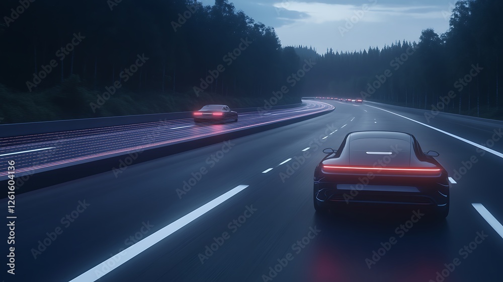 Poster A futuristic highway image featuring autonomous vehicles and advanced technology.