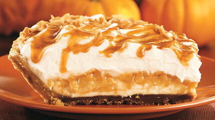Decadent Caramel Pumpkin Pie Slice Dessert on Orange Plate with Autumnal Pumpkins Background
