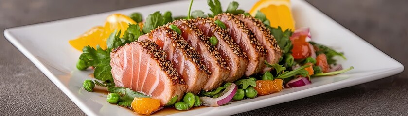 A beautifully plated salmon dish, garnished with greens and citrus slices, showcasing a vibrant, healthy meal.