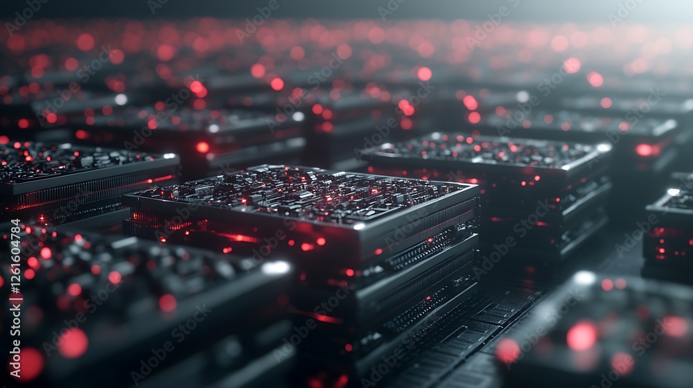 Poster a futuristic crypto mining center with modern lighting and technology.