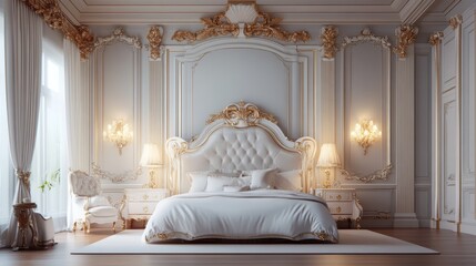 Opulent Royal Bedroom Interior Design: A Luxurious Master Suite with Gold Accents and White Furnishings