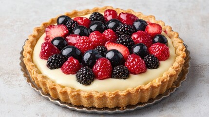 A delicious fruit tart topped with fresh berries on a creamy filling, showcasing a golden crust and vibrant colors.