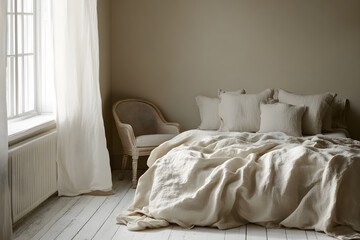 Serene Linen Bedroom: A Minimalist Oasis of Relaxation and Comfort