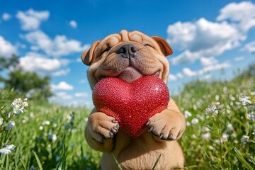 Chinese shar-pei - my beloved dog, symbol of friendship. Cute chinese shar-pei doggy with sparkling rhinestones red heart on a walk in a spring green space. Ad companion concept art.
