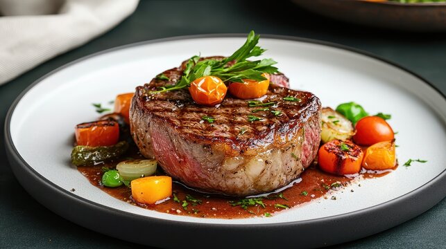A perfectly grilled steak served with colorful vegetables and a rich sauce, presented on a stylish plate.