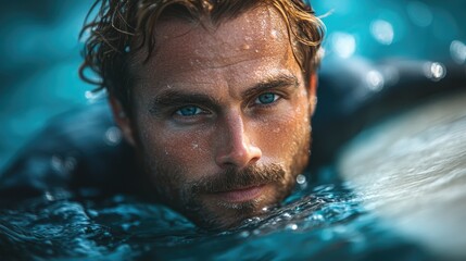 Surfer's intense gaze, ocean backdrop, aquatic activity