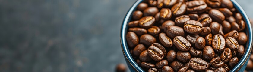 Naklejka premium Close-up of roasted coffee beans in a blue container, showcasing their rich color and texture against a dark surface.
