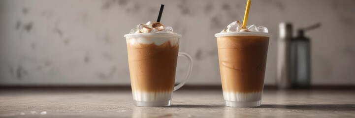 Coffee cup with a straw and an ice cube in the background , icy coffee, summer beverage, frosty cup