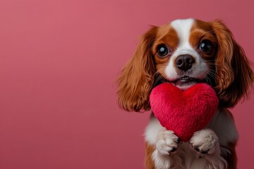 Ad campaign creative art. Cavalier king charles spaniel - my desired dog. Cute cavalier king charles spaniel hound with fluffy red heart - sign of love, funny greeting card. Heartwarming pets.