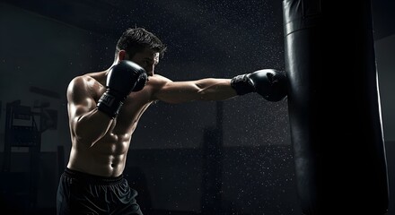 Un boxeador entrenando en el gimnasio, golpeando un saco pesado.