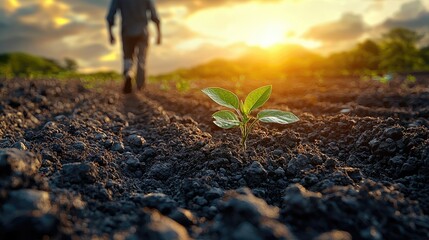 Farmer walking away from a young plant at sunset in a field, symbolizing growth and hope