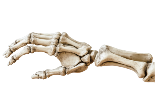 Realistic Human Skeleton Hand Model Displaying Anatomical Structure on Transparent Background PNG