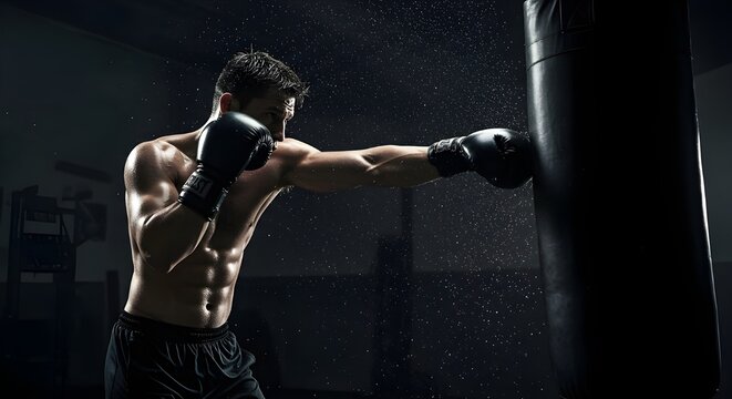Un boxeador entrenando en el gimnasio, golpeando un saco pesado.