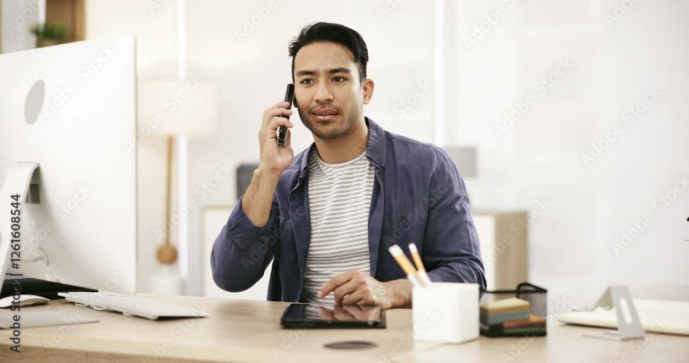 Poster phone call, businessman at desk with computer and tablet for lead generation, negotiation and discus