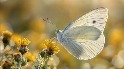 Close-up of a delicate butterfly perched on vibrant yellow flowers in a sunlit meadow