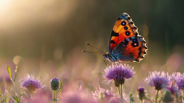 Colorful butterfly perched on vibrant purple flower in a sunlit meadow, with soft bokeh background