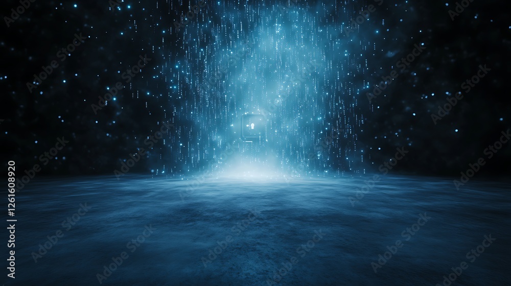 Poster a digital lock floats in a cybernetic landscape, showcasing a futuristic design and technology theme