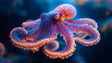 Obraz premium Ancient octopus with glowing tentacles in a prehistoric underwater setting, symbolizing deep-sea discovery. 