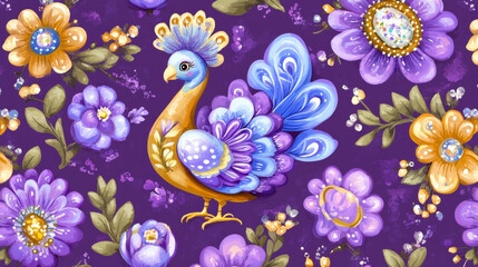 Fototapeta premium Colorful peacock and flowers on purple background