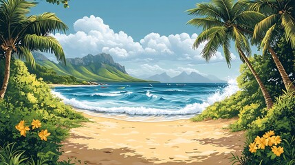 Vibrant vector illustration of a beach scene with surfboards and waves ideal for summer promotions