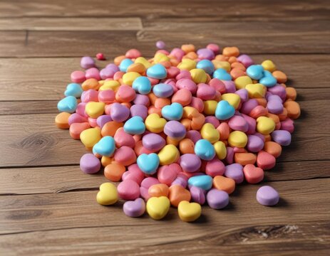 Colorful candy hearts stacked on a wooden table, dessert, festive, treats