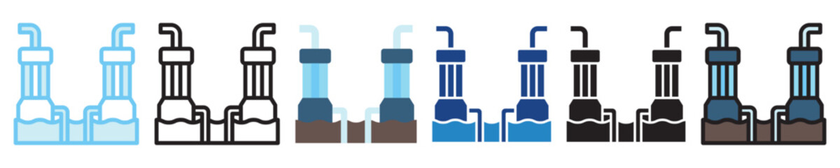 Collection Sump multi-style icon, outline, flat, glyph, dual tone, line color, UI, UX, app and web development, digital or print. For industry, education, ecology, environment, water treatment theme.