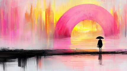 Abstract City Sunset With Person Under Pink Umbrella