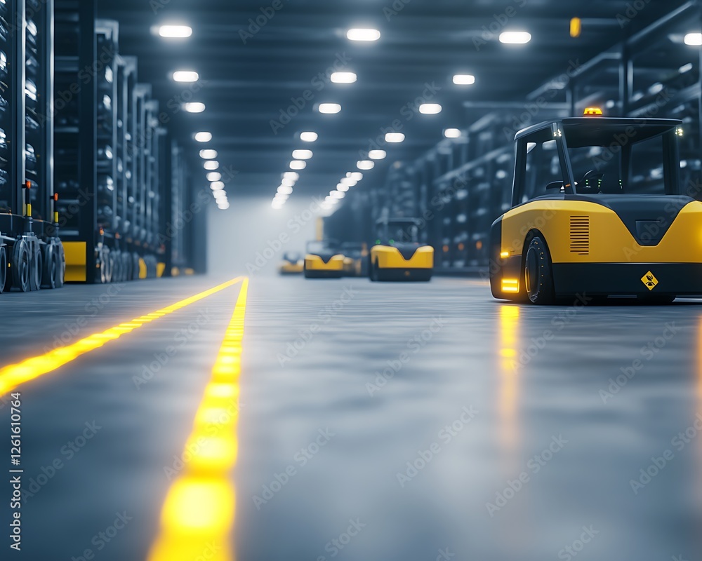 Aufkleber a futuristic smart warehouse showcasing self-driving robots in action.