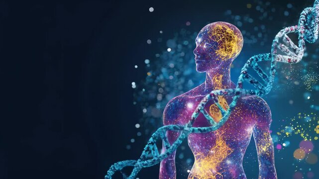 Digital human body with dna structure and glowing particles on dark background. Future medicine and biotechnology concept. Healthcare and biology research