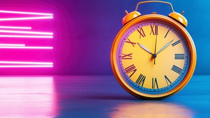 Vintage Yellow Alarm Clock on Blue Surface with Neon Lights Background
