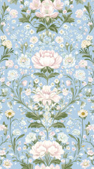Seamless floral pattern with pink and white flowers on blue background