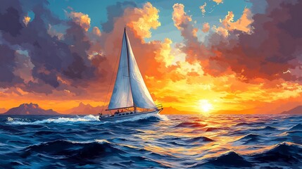 Vibrant vector illustration of a sailboat on the open sea ideal for travel and adventure projects