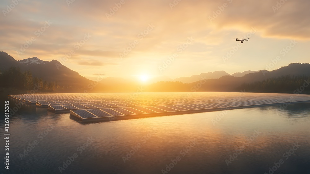 Poster A futuristic solar farm design, featuring floating structures and advanced technology in a large-scale renewable energy project.